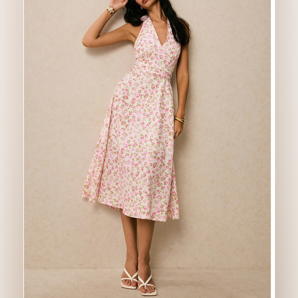 LAST ONE 🔥 White & Pink Rose Floral Halter Midi Dress - Picture 6 of 11